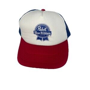 VTG PBR Pabst Blue Ribbon Red White Blue Trucker Snap Back Hat Cap Nylon Mesh